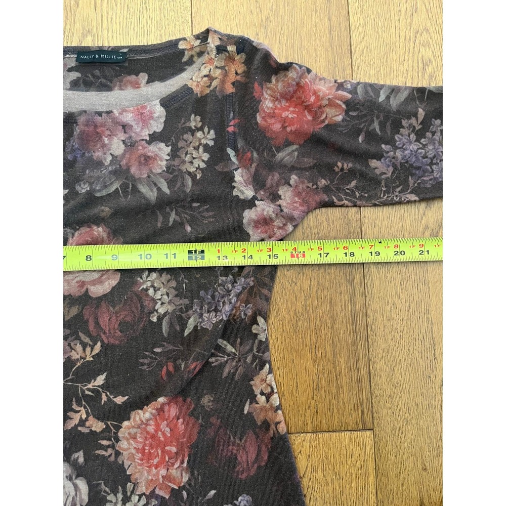 Muted Floral Knit Mini Dress Warm Tone Long Sleeve Scoop Neck Vintage XS - Picture 5 of 13